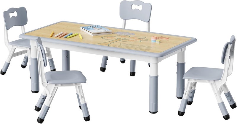 Brelley Kids Table and 4 Chairs Set, Height Adjustable Toddler Desk and Chair Set, Graffiti Desktop, Non-Slip Legs, Max 300lbs, Children Multi-Activity Table for Ages 2-8 - Image 1